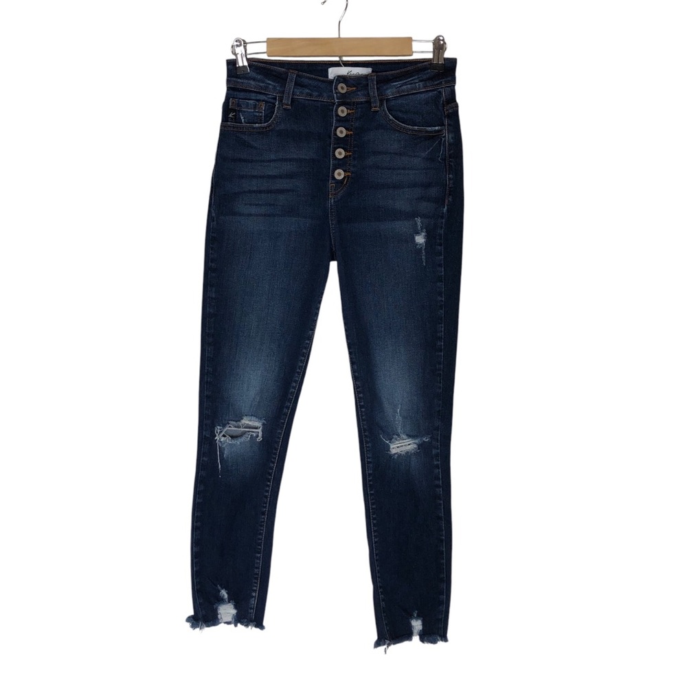 Kancan Stretchy Dark Wash High Rise Distressed Ripped Button Fly Skinny Jeans 26